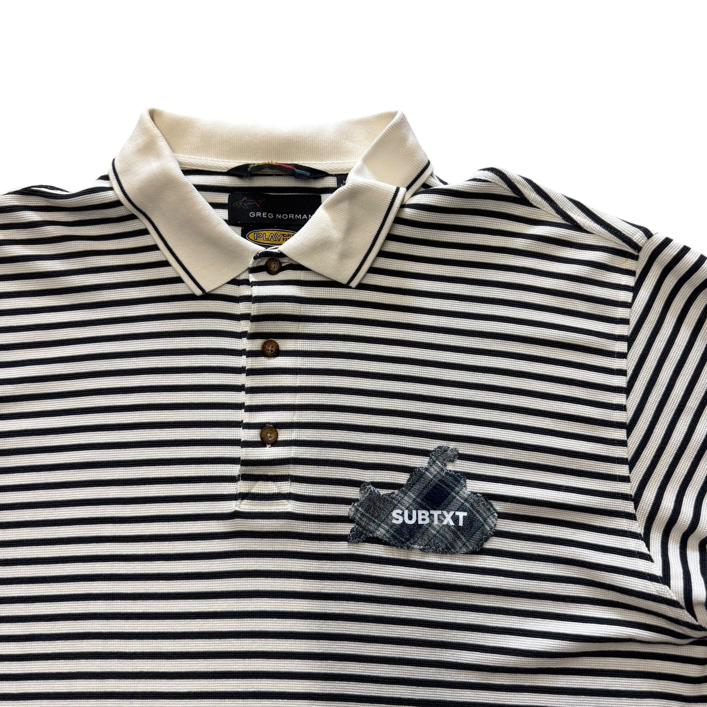 SUBTXT INDUSTRIES PLAID ON STRIPE GREG NORMAN x SUBTXT APPLIQUÉ POLO - sustainable skate/golf shoe made with recycled Blumaka foam and premium leather.