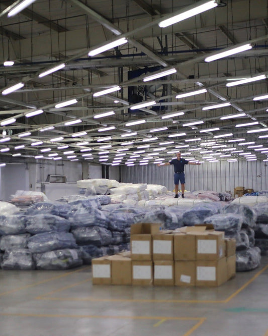 Bales of scrap foam from footwear production in Blumaka's warehouse