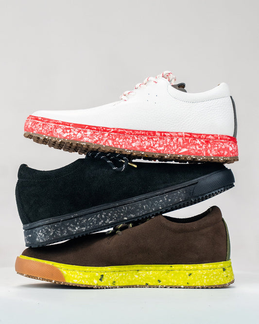 MACAW Golf in white, MACAW Local in black and MACAW Skate in brown, stacked