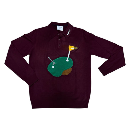 Burgundy repurposed sweater with handmade golf green appliqué, one-of-one SUBTXT design