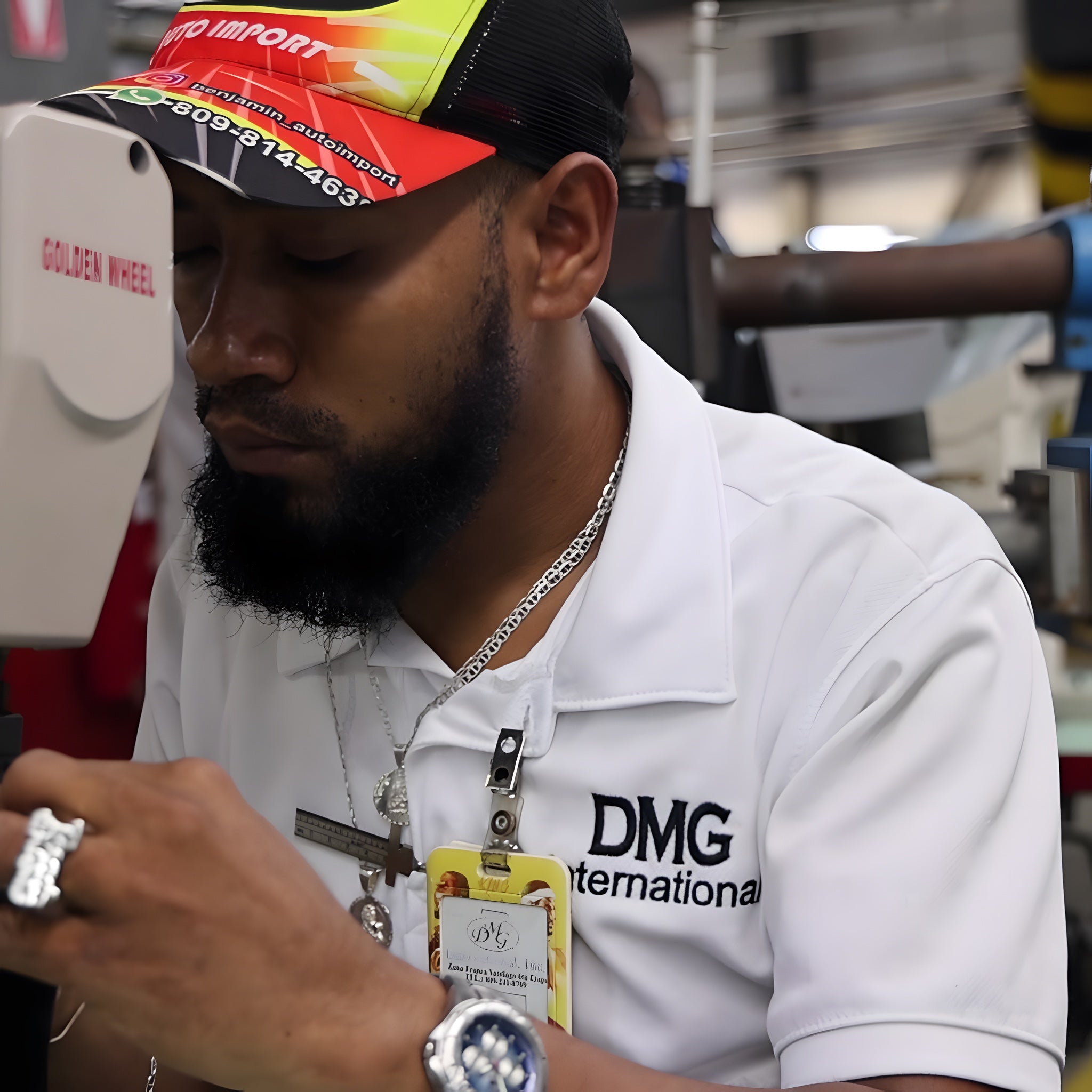 A craftsman stitching a MACAW at DMG International