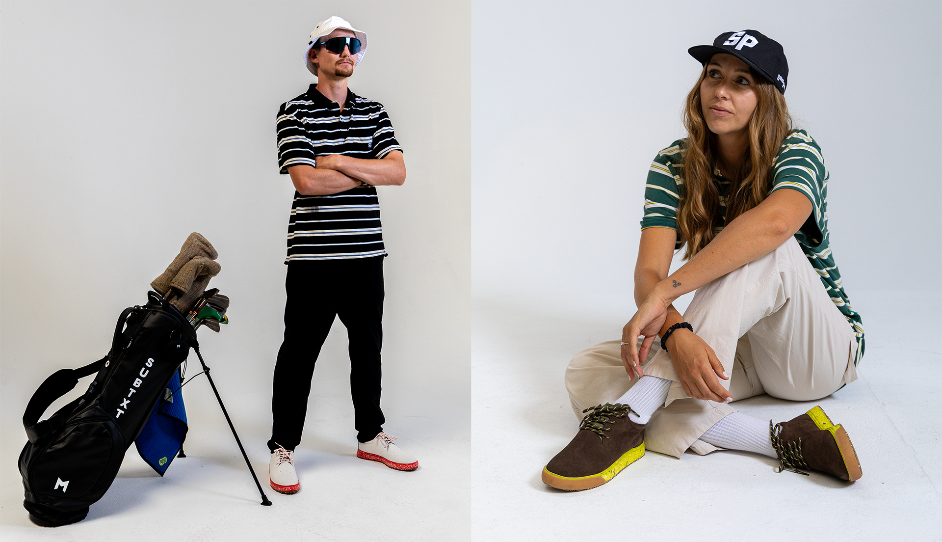 Golfer on the left, skater girl on the right. Both wearing Sandy Par striped polos and SUBTXT shoes made with premium natural upper materials and recycled foam insole and midsole components from Blumaka