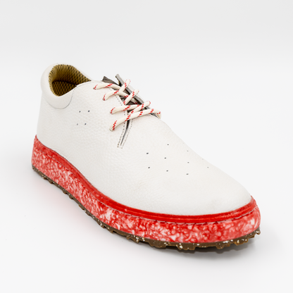 SUBTXT INDUSTRIES THE MACAW GOLF WHITE RED - sustainable skate/golf shoe made with recycled Blumaka foam and premium leather.