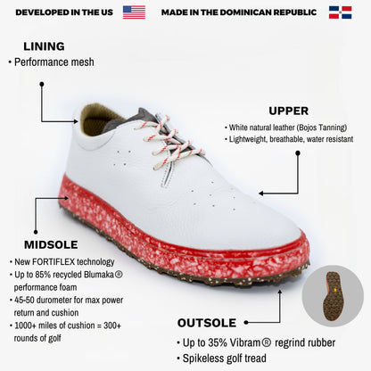 SUBTXT INDUSTRIES THE MACAW GOLF - sustainable skate/golf shoe made with recycled Blumaka foam and premium leather.